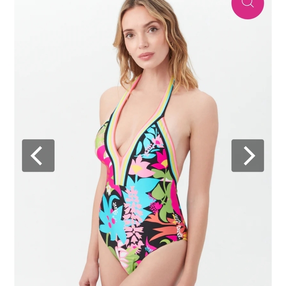Trina Turk Size 12 Tiki Plunge V Neck Vibrant One Piece Swimsuit Halter Floral - Picture 10 of 14